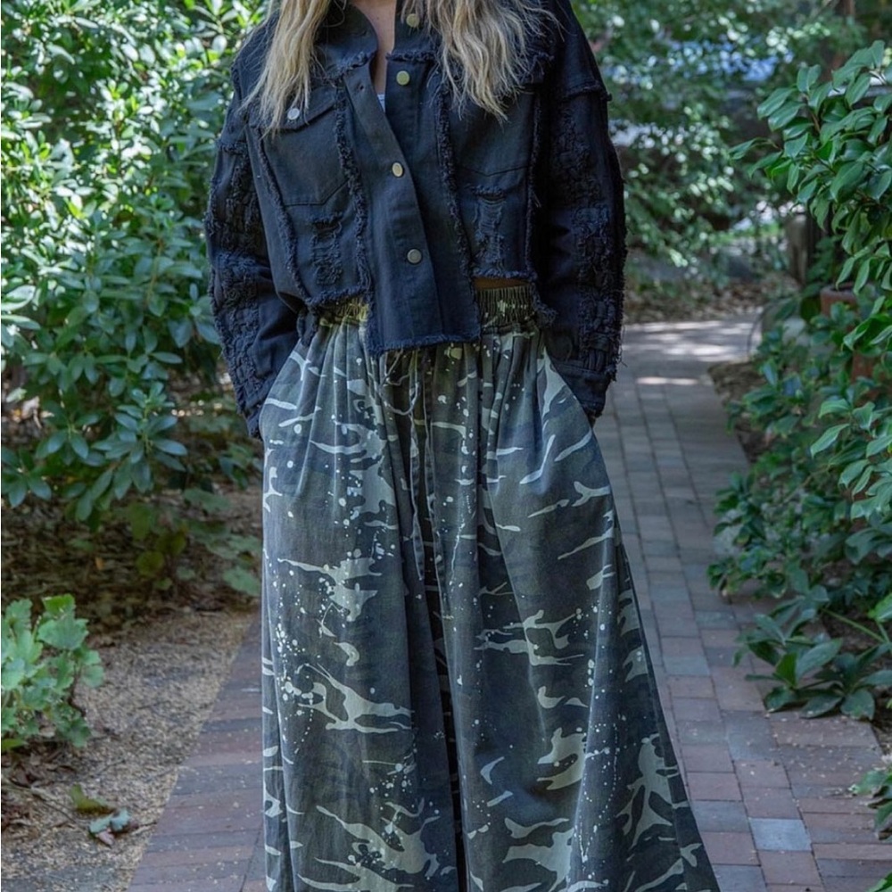 Blue Velvet Wide Leg Camouflage  Splatter Paint Pants